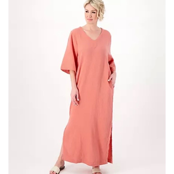 Barefoot Dreams Dresses & Skirts - Barefoot Dreams Malibu Maxi Dress Women XS Coral Cotton Gauze V-Neck Beach Cover